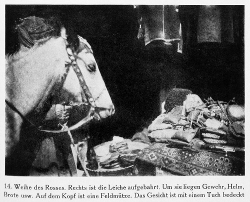 A horse being consecrated to the soul of a dead man in Khevsureti in 1927