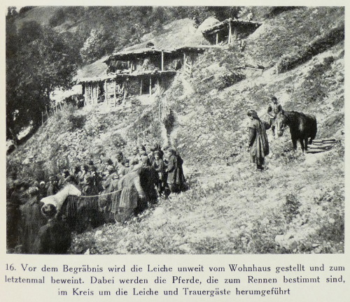 An extremely rare photograph taken by Dr Georg Nioradze in Khevsureti in 1927, showing the riders marking 'three circles around the women, who are themselves seated in a circle around the t'alavar' (Charachidzé)