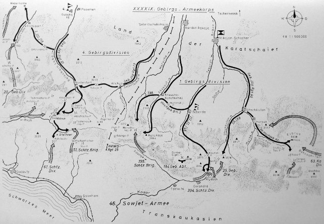 A map of the 1st and 4th German mountain divisions' advance into the Caucasus mountains in 1942