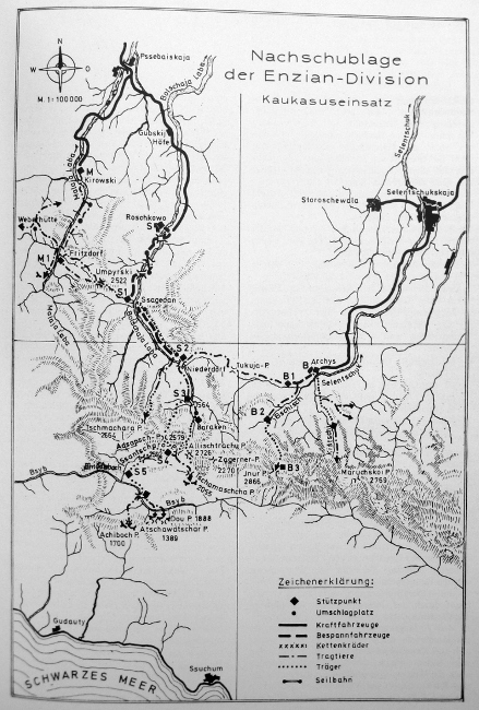 A map of the 1st and 4th German mountain divisions' advance into the Caucasus mountains in 1942